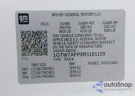 2024 GMC Savana Cargo Rwd 2500 Regular Wheelbase Work Van из США, поврежденный, VIN 1GTW7AFP8R1181159